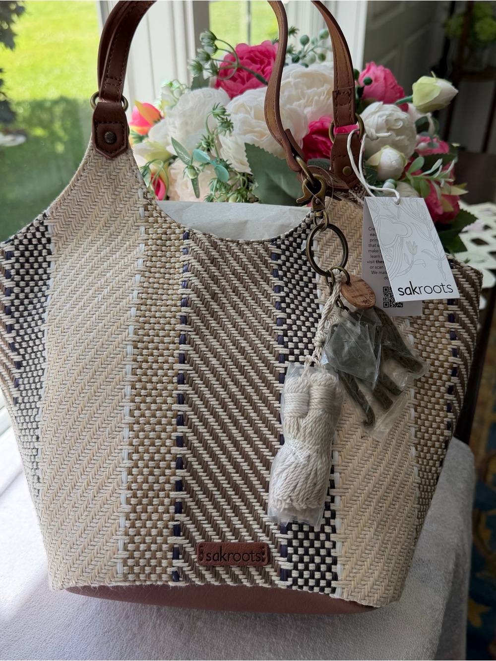 NWT Sakroots Neutral Striped Woven Tote with Elephant Charm